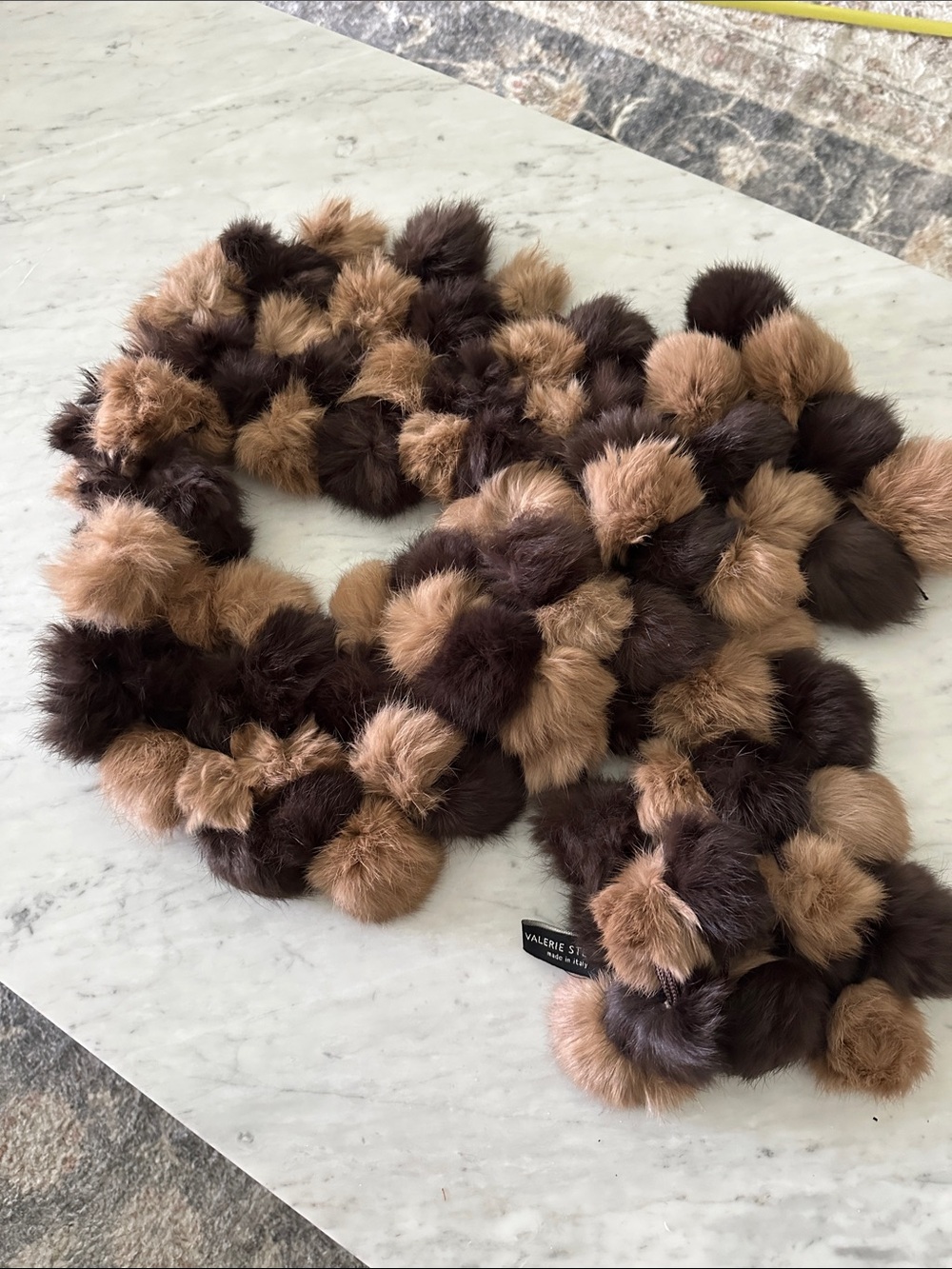 Valerie Stevens Rabbit Fur Brown & Tan Pom-Pom Scarf